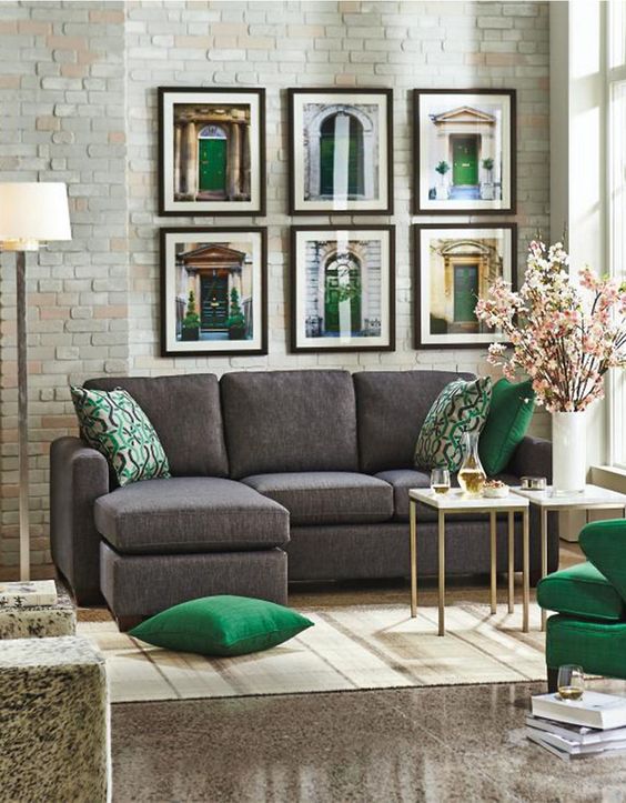 green and grey living room