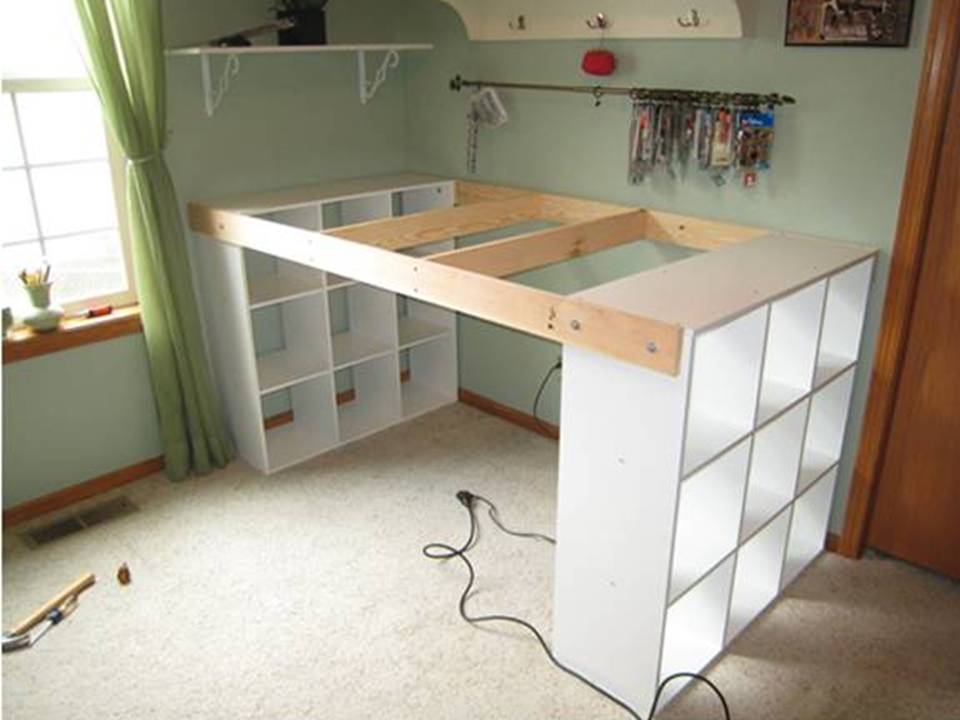 desk with storage shelves