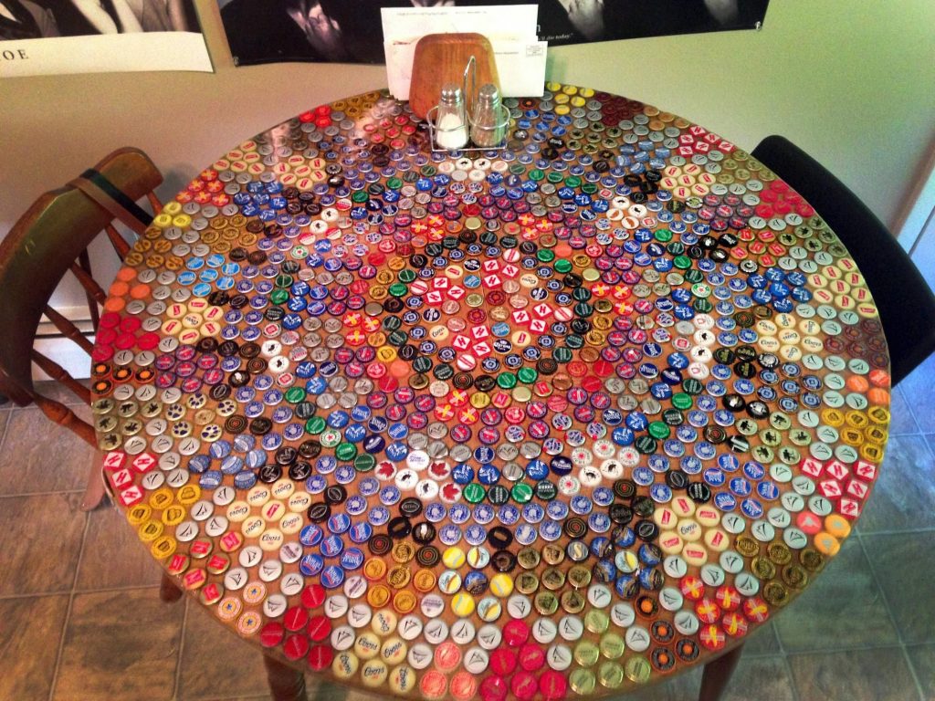  table decorated with bottle caps