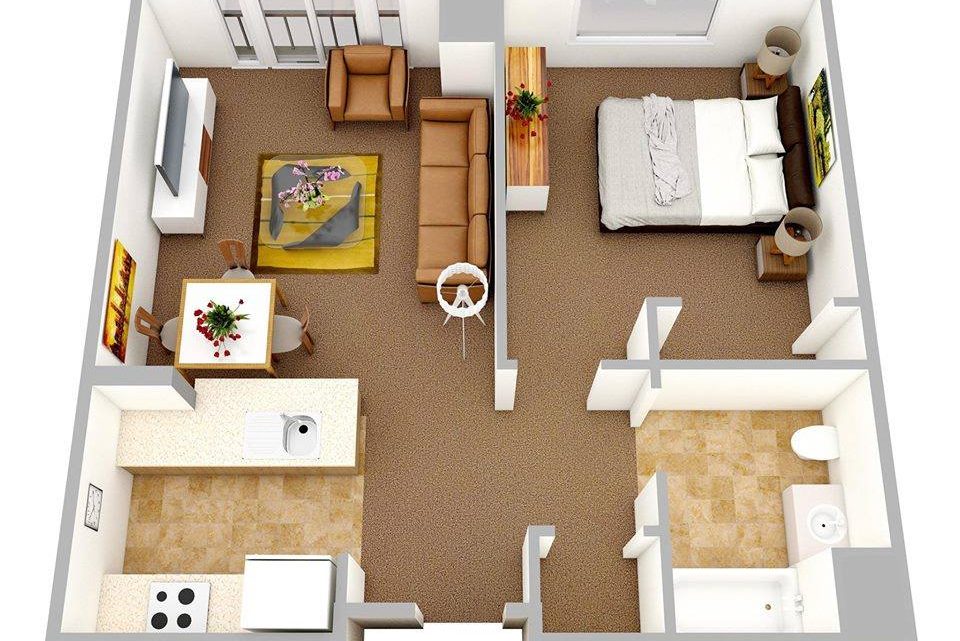 One Bedroom Apartments – 3D Floor Plans