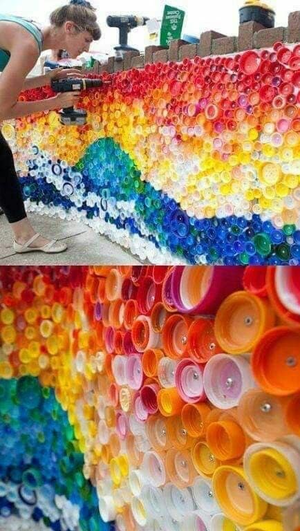 retaining wall made from bottle caps