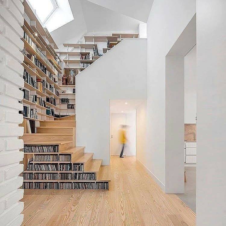 bookcase and wooden stairs