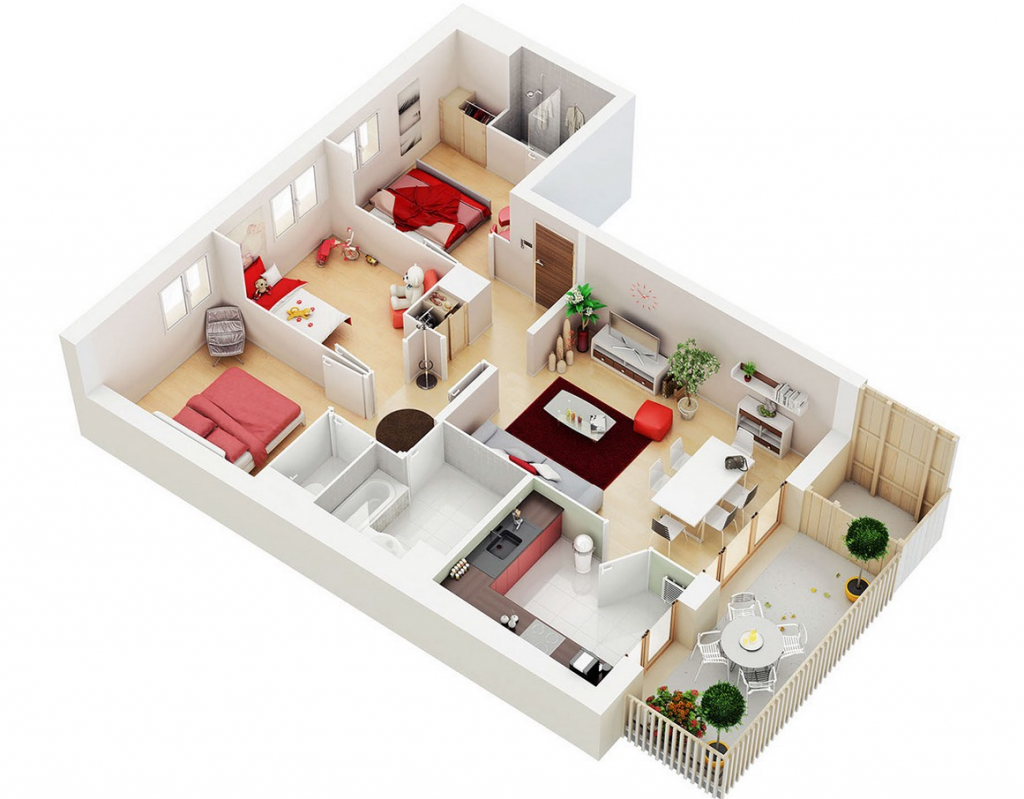 Two-Bedroom House Plans in 3D