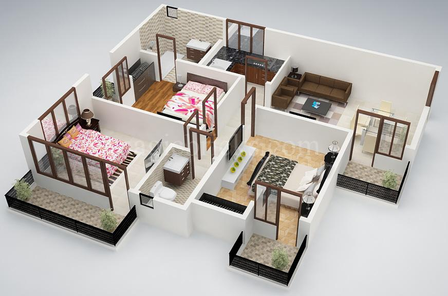 Two-Bedroom House Plans in 3D