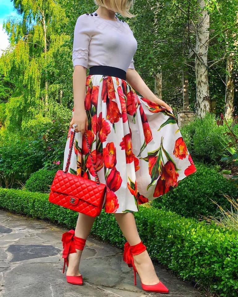 red and white skirt and bag